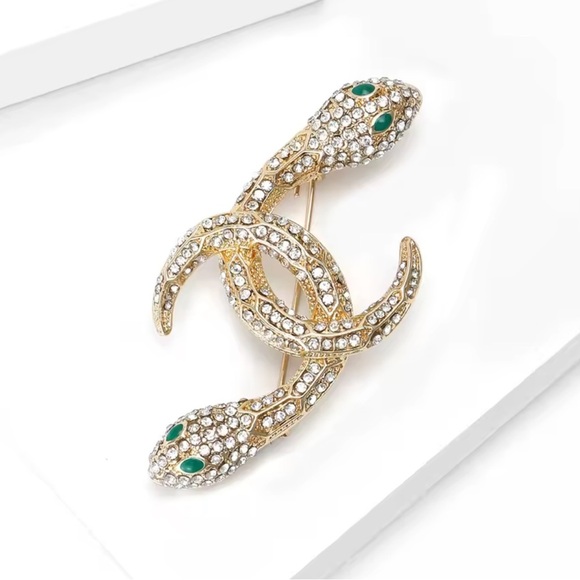 Serpenti Snake Gold Crystal Green Eyes Brooch - Picture 1 of 9